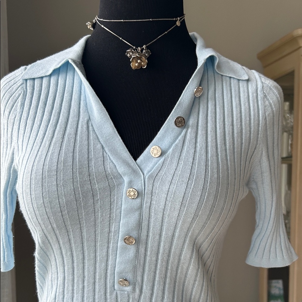 Light Blue Ribbed Button-Up Women's Top - Picture 2 of 6